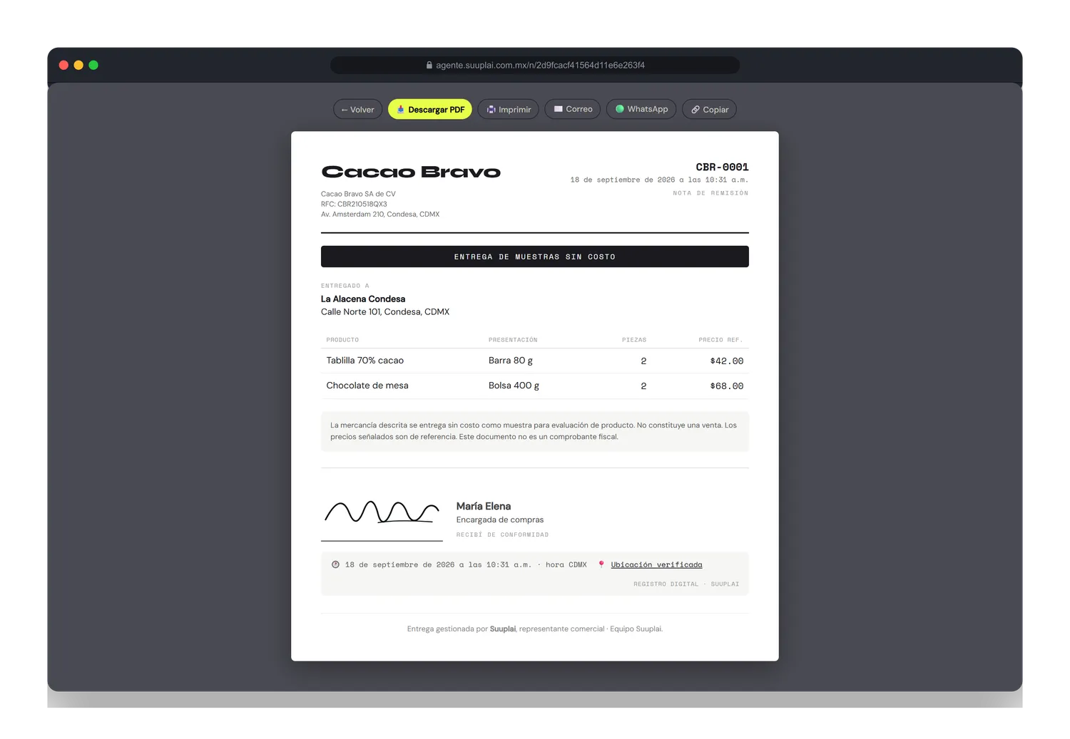 Recibo de entrega firmado